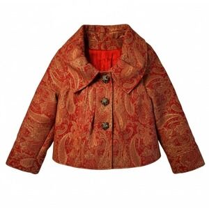 Custom Red Gold Paisley Brocade Jacket Womens Small Blazer Wide Collar Handmade